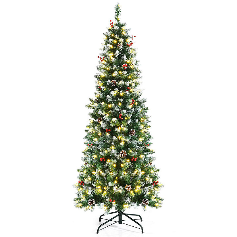 6ft Pre-lit Artificial Hinged Pencil Christmas Tree Decorated Snow Flocked Tips Image