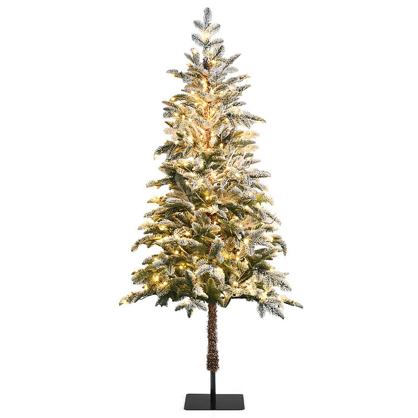 6ft Pre-Lit Artificial Hinged Pencil Christmas Tree Snow-Flocked w/ Metal Stand Image