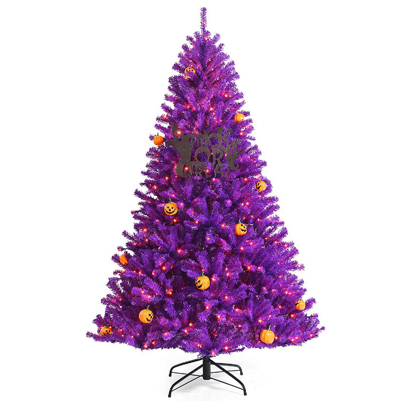 6ft Pre-lit Purple Halloween Christmas Tree w/ Orange Lights Pumpkin Decorations Image