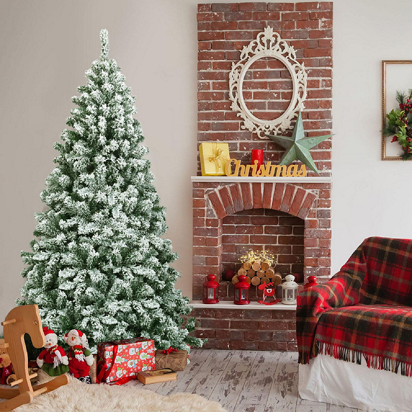 6ft Snow Flocked Christmas Tree Hinged Artificial Pine Tree w/ Metal