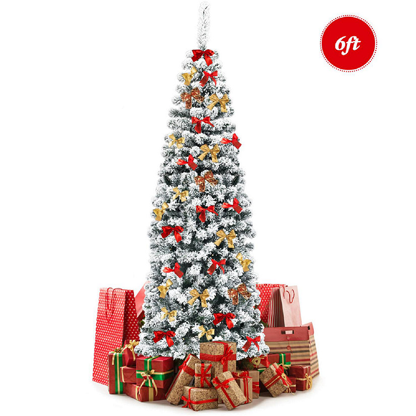 6ft Snow Flocked Pencil Christmas Tree Artificial Pine Tree w/ Metal Stand