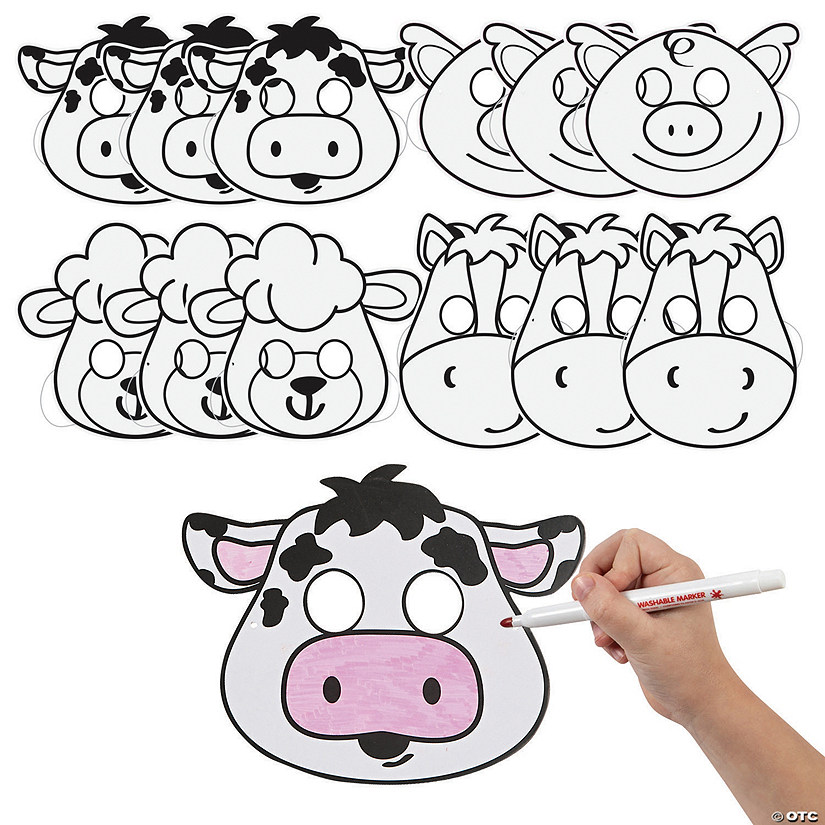 7 1/2" - 10" Color Your Own Farm Animal Cardstock Masks - 12 Pc. Image