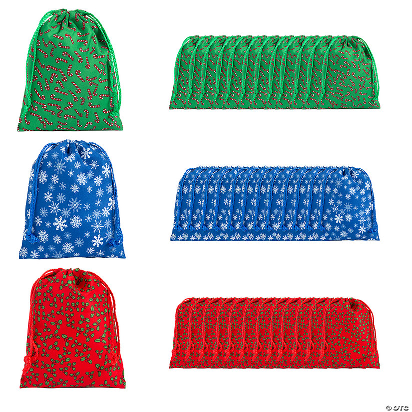 7 1/2" x 10" Small Holiday Print Polyester Drawstring Bags - 36 Pc. Image