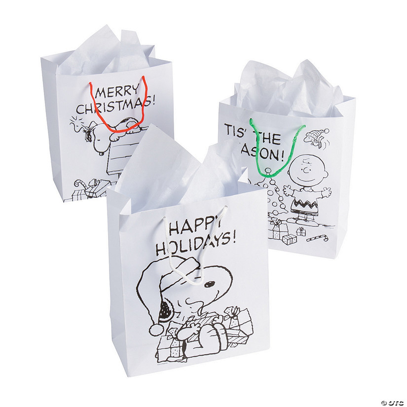 7 1/2" x 3 1/2" x 9" Medium Color Your Own Peanuts&#174; Paper Christmas Gift Bags - 12 Pc. Image