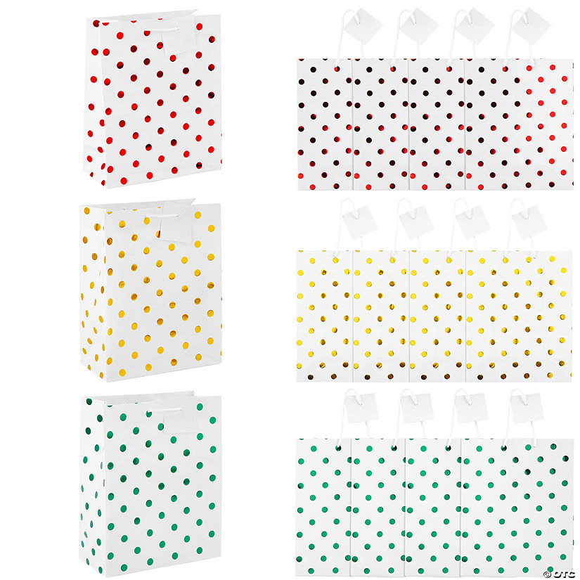 7 1/2" x 3 1/2" x 9" Medium Metallic Polka Dot Paper Gift Bags with Tags - 12 Pc. Image