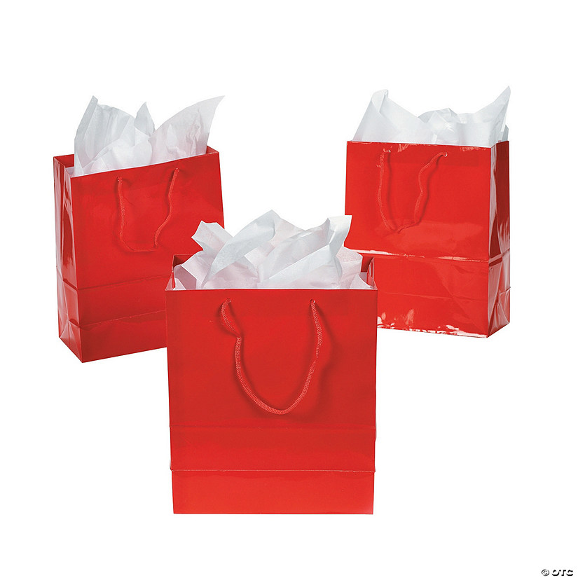 7 1/2" x 3 1/2" x 9" Medium Red Paper Gift Bags with Tags - 12 Pc. Image