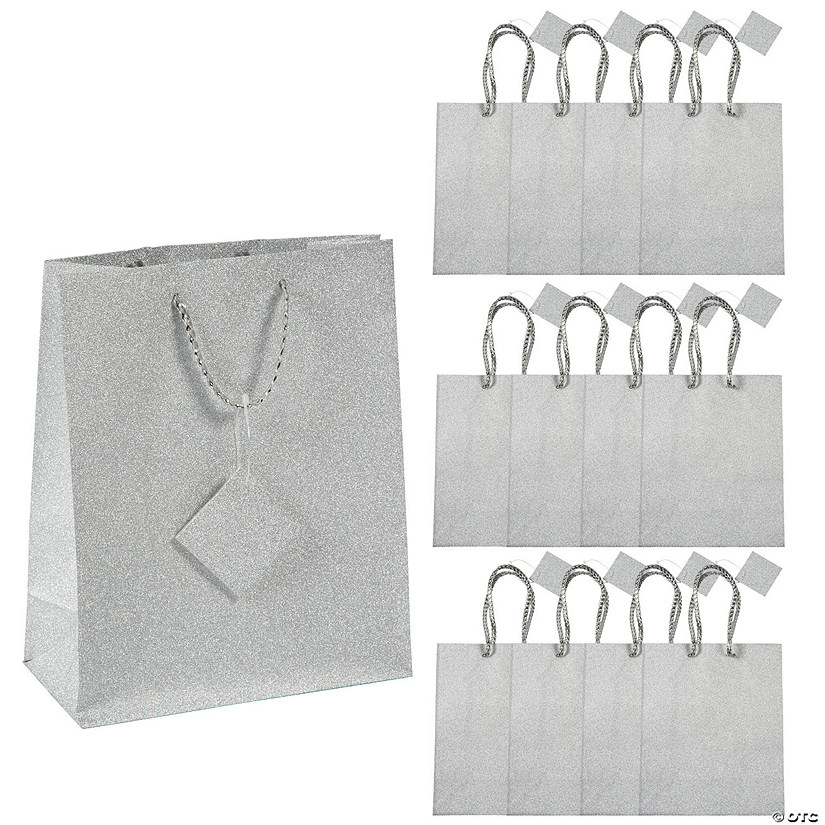 7 1/2" x 3 1/2" x 9" Medium Silver Glitter Gift Bags with Tags - 12 Pc. Image