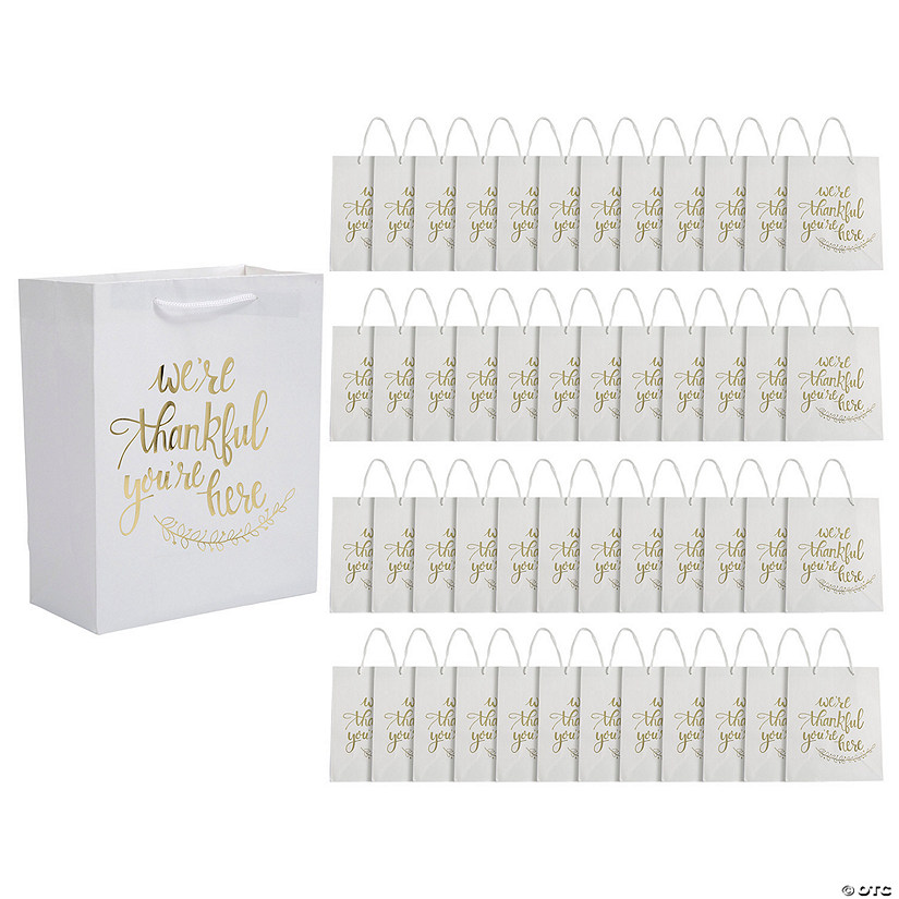 7 1/2" x 3 1/4" x 9" Bulk 48 Pc. Thankful You're Here White with Gold Kraft Gift Bags Image
