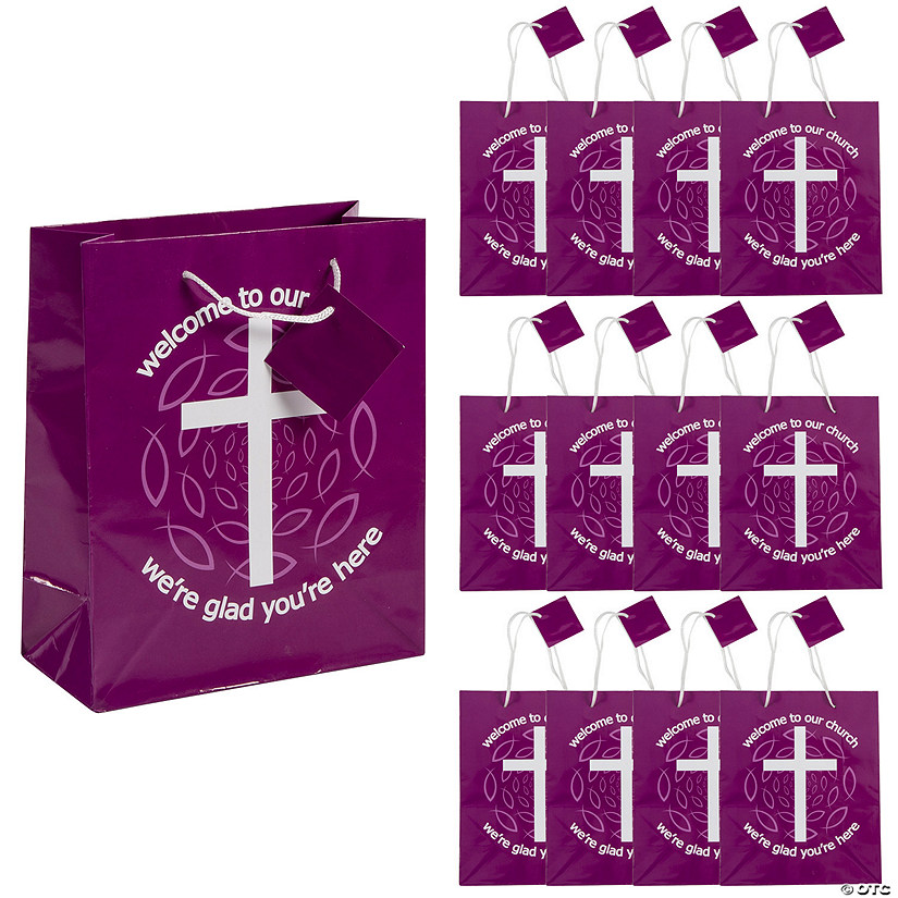 7 1/2" x 9" Bulk 96 Pc. Medium Purple Welcome to Our Church Paper Gift Bags with Tags Image