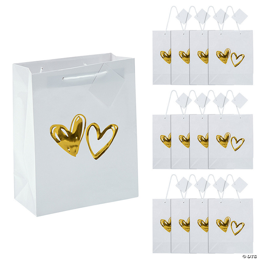 7 1/2" x 9" Hearts Paper Gift Bags with Gold Foil - 12 Pc. Image