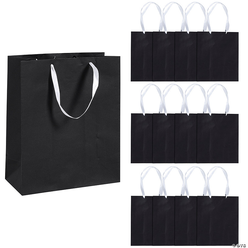 7 1/2" x 9" Medium Black Paper Gift Bags with Satin Handles - 12 Pc. Image