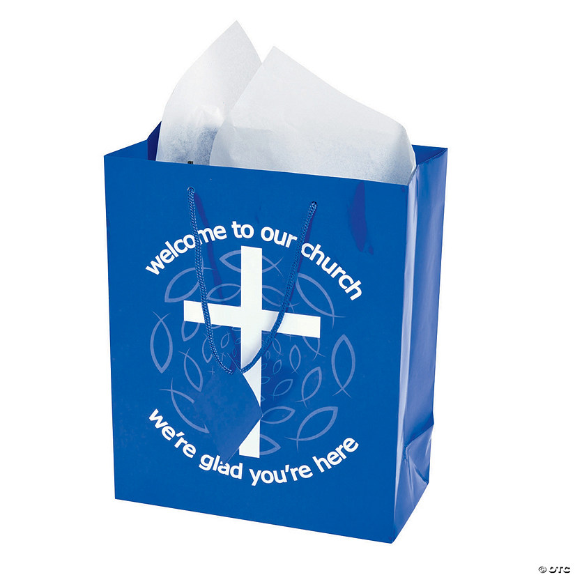 7 1/2" x 9" Medium Blue Welcome to Our Church Paper Gift Bags with Tags - 12 Pc. Image