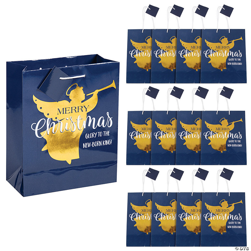 7 1/2" x 9" Medium Gold Foil Angel Paper Gift Bags with Tags - 12 Pc. Image