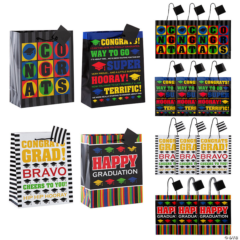7 1/2" x 9" Medium Graduation Paper Gift Bags with Tags - 12 Pc. Image