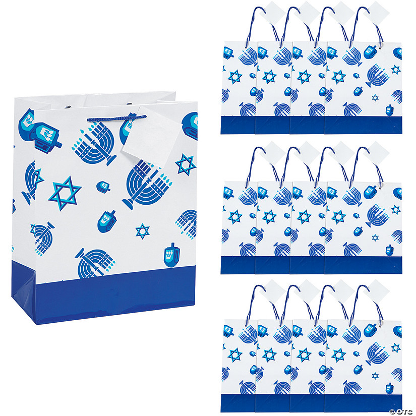 7 1/2" x 9" Medium Hanukkah Icons Paper Gift Bags with Gift Tags - 12 Pc. Image