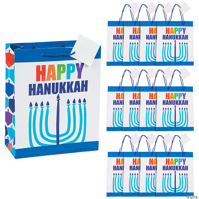 7 1/2" x 9" Medium Happy Hanukkah Paper Gift Bags with Gift Tags - 12 Pc. Image