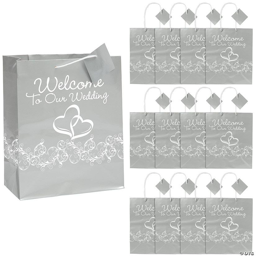 7-1/2" x 9" Medium Silver Two Hearts Welcome To Our Wedding Paper Gift Bags - 12 Pc. Image