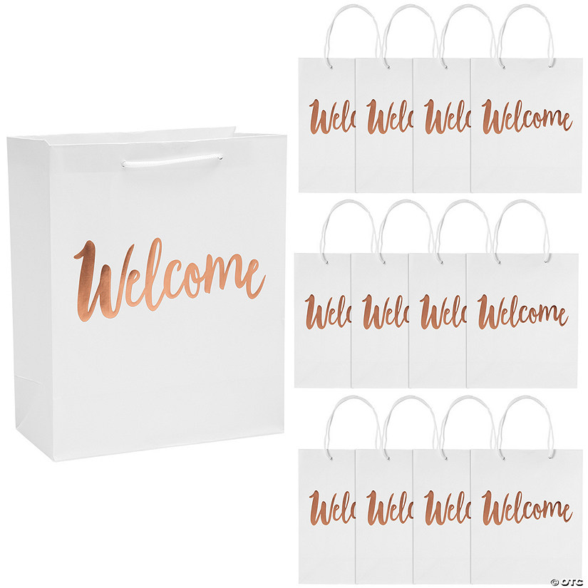 7 1/2" x 9" Medium Welcome White Paper Gift Bags with Rose Gold Foil - 12 Pc. Image