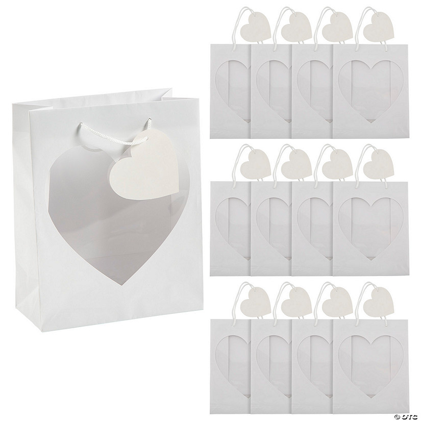 7 1/2" x 9" Medium White Paper Gift Bags with Heart Window and Tag - 12 Pc. Image
