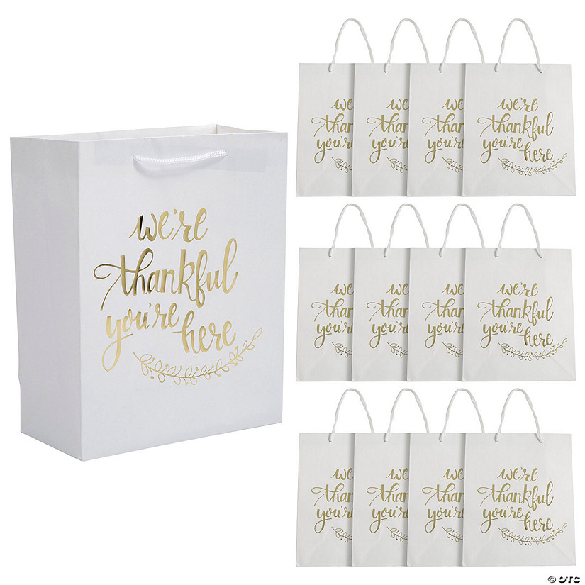 7 1/2" x 9" Thankful You're Here White with Gold Kraft Paper Gift Bags - 12 Pc. Image
