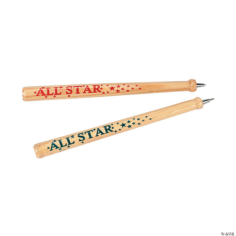 7 1/4" All Star Baseball Bat Wood Pens with Blue & Red Stars - 12 Pc. Image