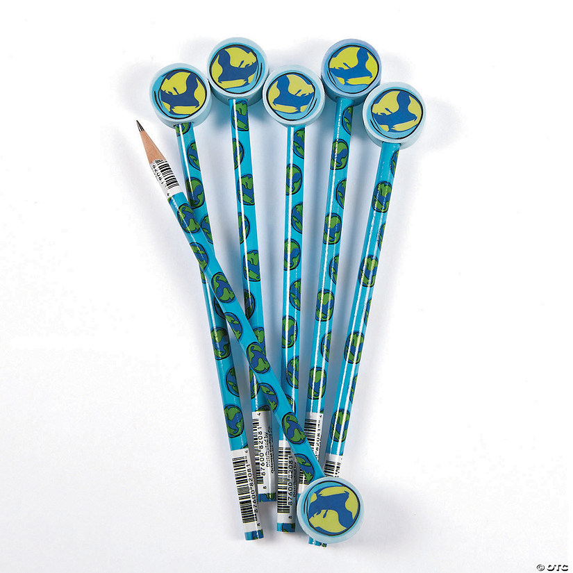 7 1/4" Earth Wood Pencils with Globe Pencil Top Erasers - 12 Pc. Image