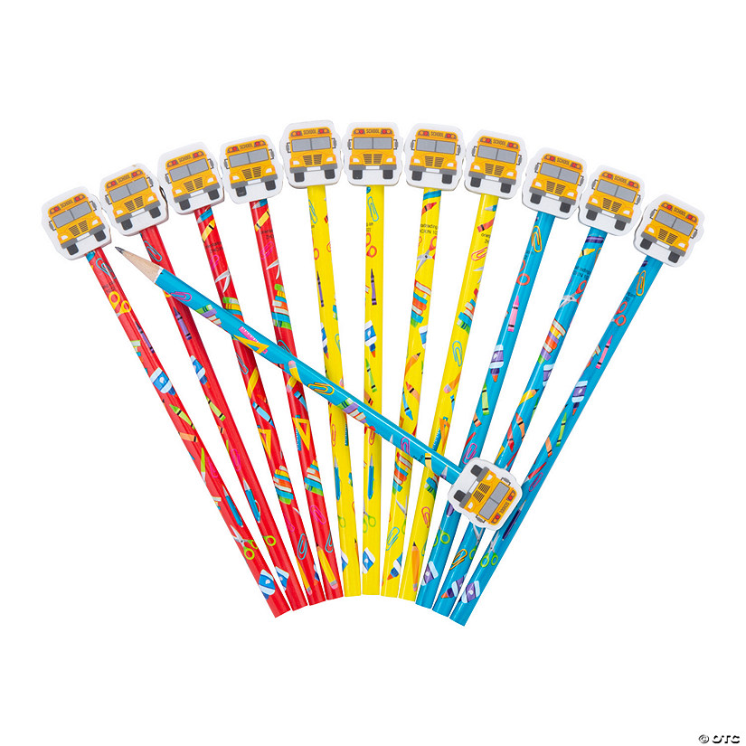 7 1/4" School Supply Icon Wood Pencils with School Bus Topper - 12 Pc. Image