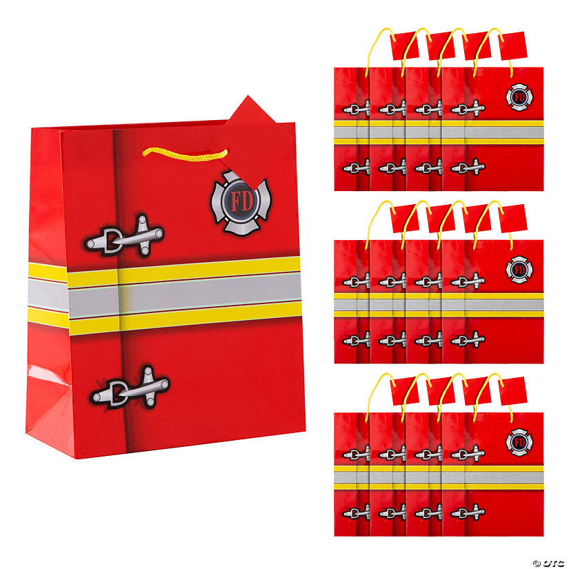 7 1/4" x 9" Medium Firefighter Party Paper Gift Bags with Tags - 12 Pc. Image