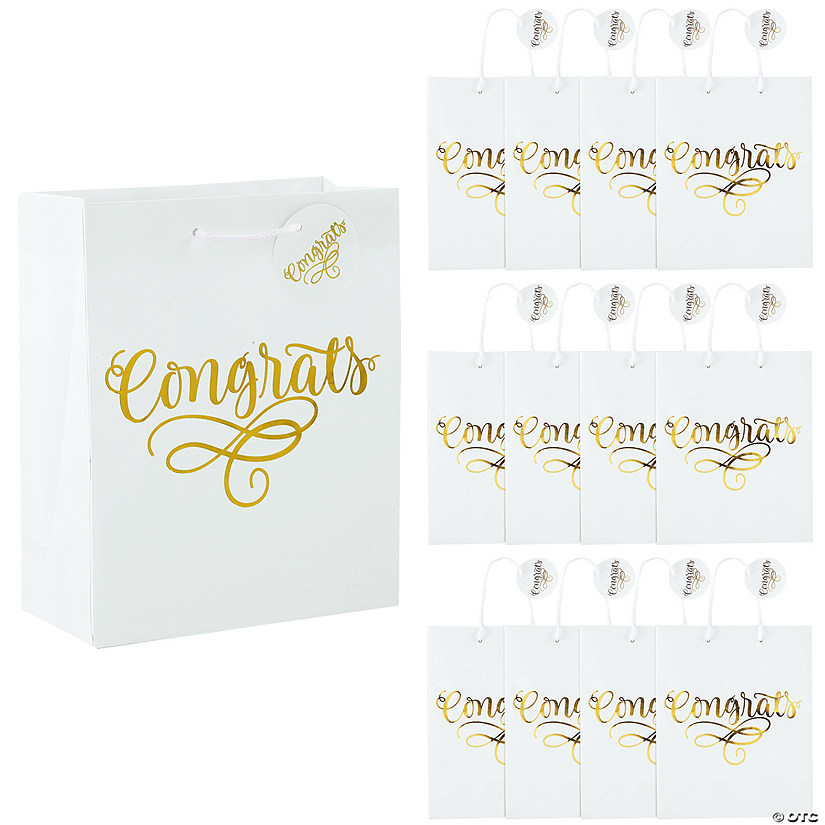 7 1/4" x 9" Medium Gold Congrats Wedding Paper Gift Bags - 12 Pc. Image