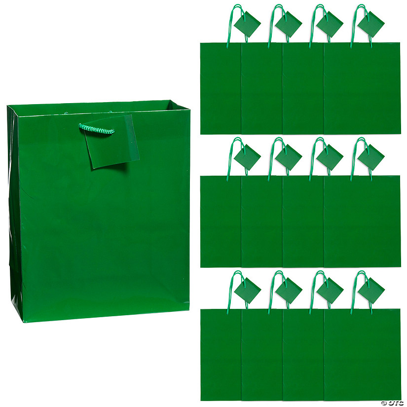 7 1/4" x 9" Medium Green Paper Gift Bags with Tag - 12 Pc. Image