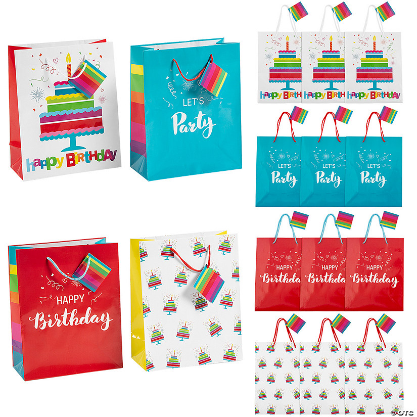 7 1/4" x 9" Medium Happy Birthday Gift Bags with Tag - 12 Pc. Image