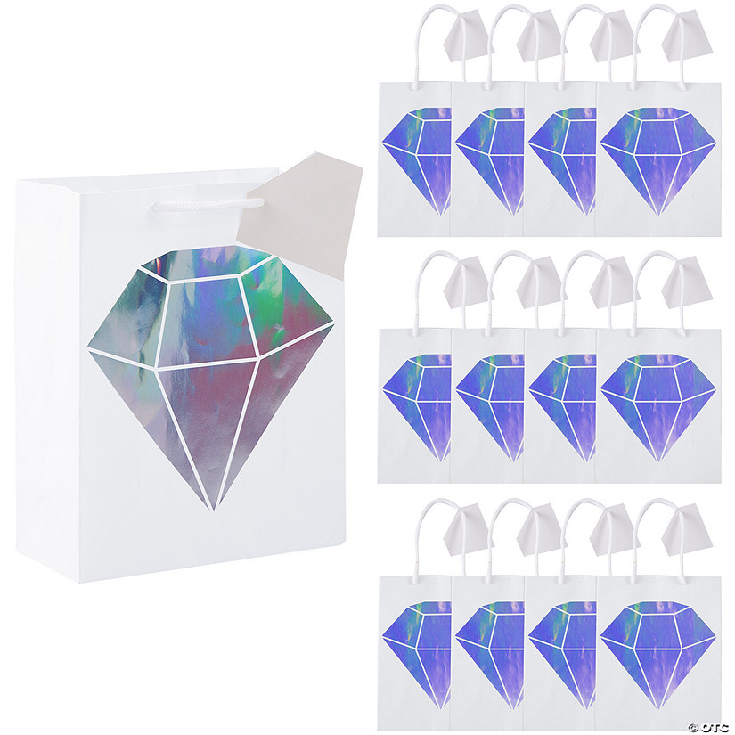 7 1/4" x 9" Medium Iridescent Diamond Paper Gift Bags with Tags - 12 Pc. Image