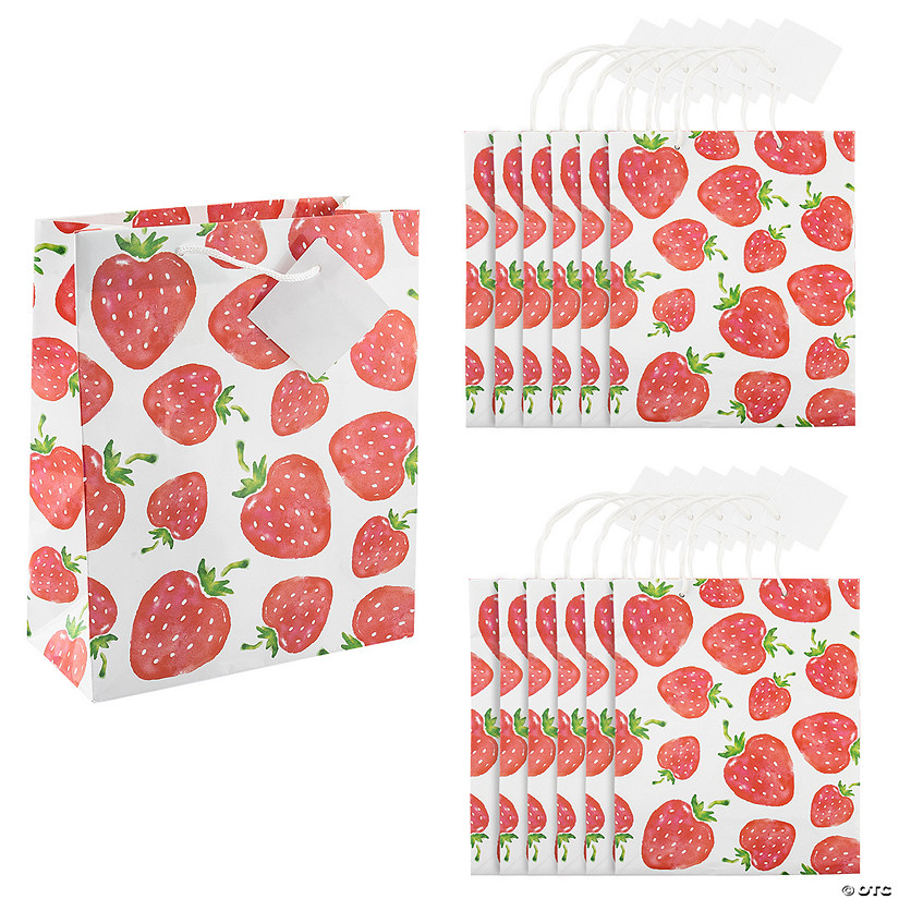 7 1/4" x 9" Medium Strawberry Gift Bags with Tags - 12 Pc. Image