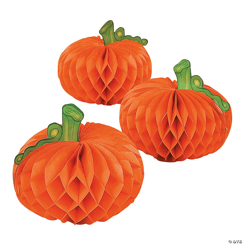 7" 3D Pumpkin Orange Honeycomb Tissue Paper Tabletop Decorations - 6 Pc. Image