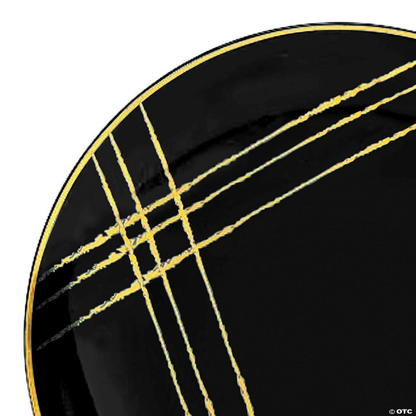 7.5" Black with Gold Brushstroke Round Disposable Plastic Appetizer/Salad Plates (70 Plates) Image