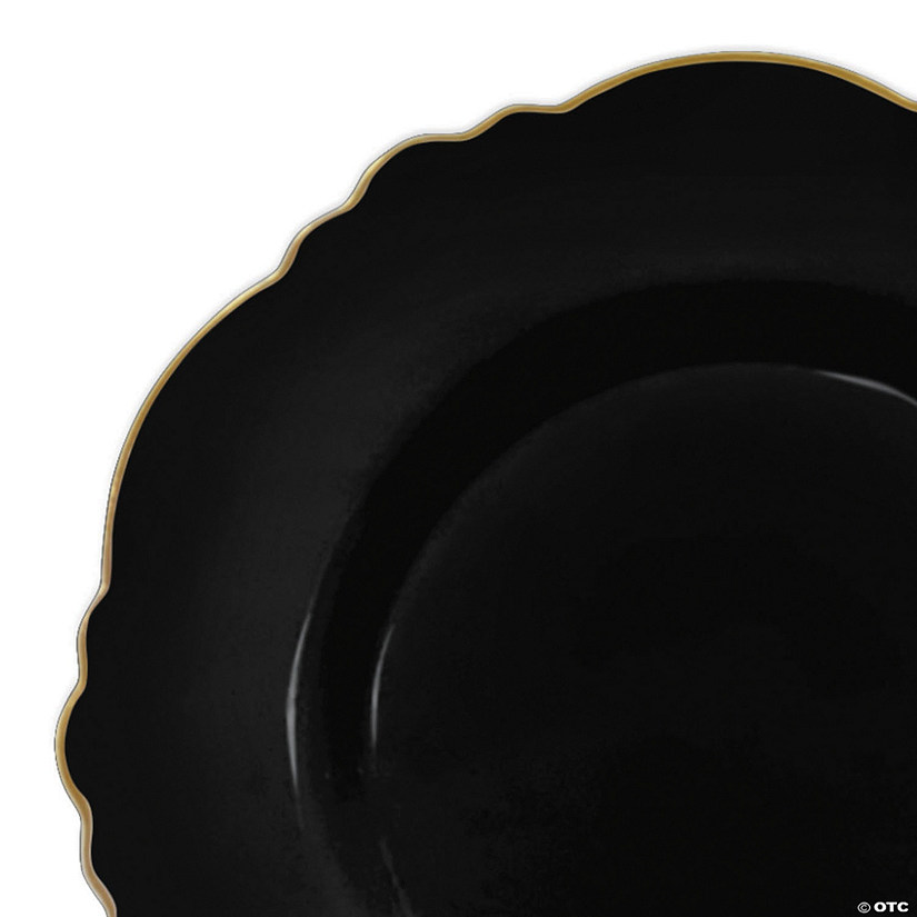 7.5" Black with Gold Rim Round Blossom Disposable Plastic Appetizer/Salad Plates (120 Plates) Image