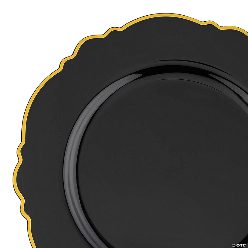 7.5" Black with Gold Rim Round Blossom Disposable Plastic Appetizer/Salad Plates (90 Plates) Image