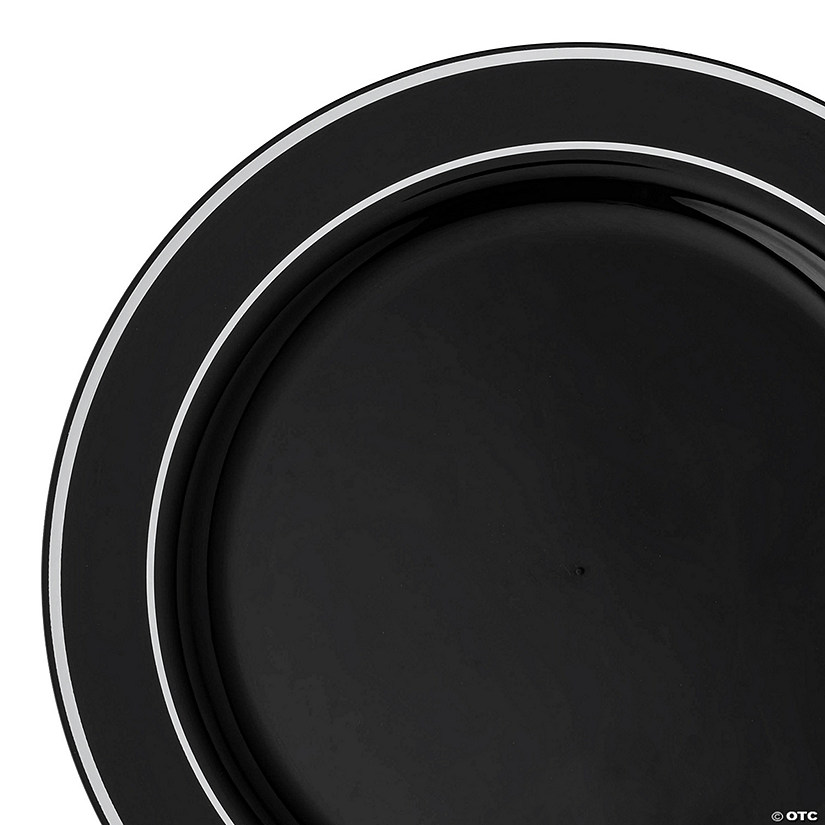 7.5" Black with Silver Edge Rim Plastic Appetizer/Salad Plates (100 Plates) Image