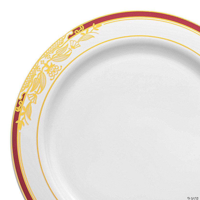 7.5" White with Burgundy and Gold Harmony Rim Plastic Appetizer/Salad Plates (90 Plates) Image