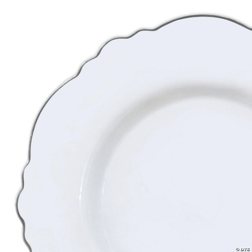 7.5" White with Silver Rim Round Blossom Disposable Plastic Appetizer/Salad Plates (90 Plates) Image