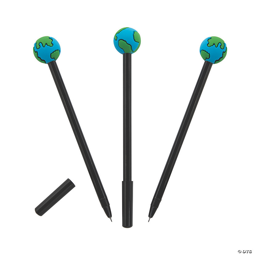 7" Black Plastic Pens with Earth-Shaped Toppers - 12 Pc. Image