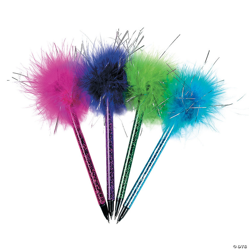 7" Brightly Colored Shimmering Marabou Plastic Pens - 12 Pc. Image