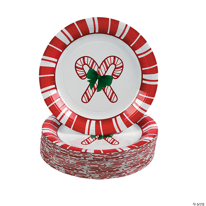 7" Bulk 50 Pc. Crossed Candy Canes Red & White Paper Dessert Plates Image