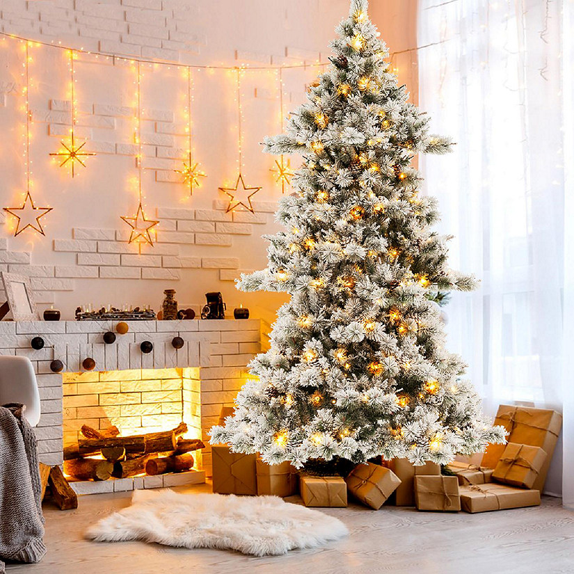 7 FT PreLit SnowFlocked Christmas Tree Artificial Hinged Xmas Tree w