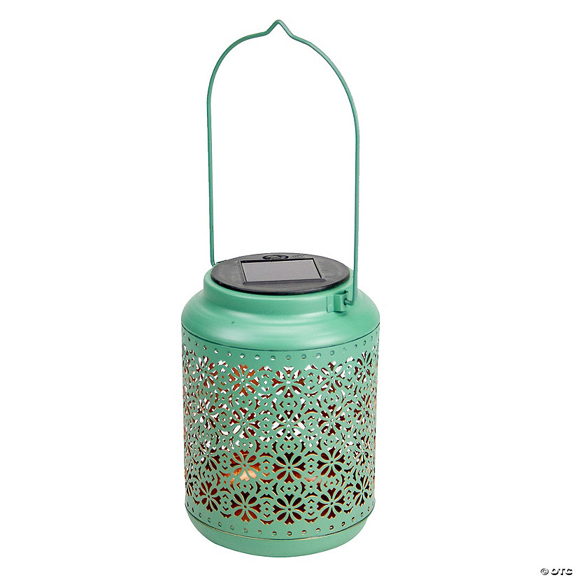 7" Green Integrated Floral Pattern Outdoor Solar Lantern with Handle Image