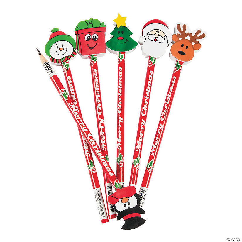 7" Merry Christmas Wood Pencils with Holiday Character Eraser Toppers - 12 Pc. Image