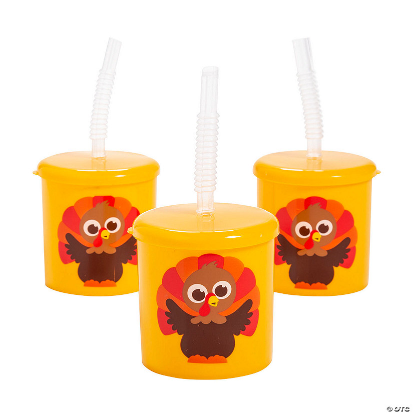 7 oz. Kids Thanksgiving Turkey Reusable BPA-Free Plastic Cups with Lids & Straws - 12 Ct. Image