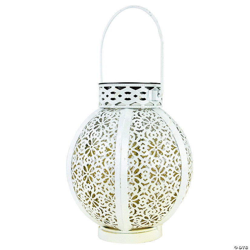 7" White Integrated Floral Pattern Outdoor Solar Lantern with Handle Image