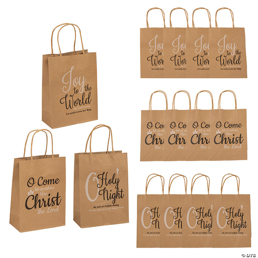 7" x 3 1/4" x 9" Medium Christmas Hymns Kraft Paper Gift Bags - 12 Pc. Image