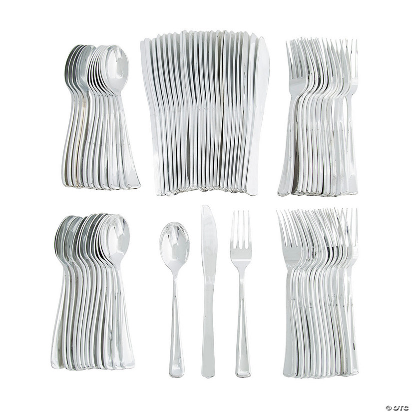 72 Pc. Premium Metallic Silver Plastic Cutlery Set for 24 Guests Image